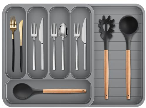 Betoores Large Cutlery Drawer Organiser 6 Compartment Cutlery Tray Plastic Kitchen Drawer Organiser 53x35cm Expandable Utensil Tray, Drawer Organiser Rack Holder Tray, Grey