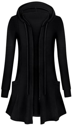 Flikity Plus Size Tops for Women, Zipper up Knee Length Hooded Cardigan Long Sleeve Tunic Tops to Wear with Leggings Casual Office Work Blouses Solid Color Open Front Hoodies Loose Fit Black 2XL