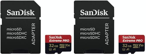 SanDisk Extreme PRO microSDHC UHS-I Speicherkarte 32 GB + Adapter & RescuePRO Deluxe (Für Smartphones, Actionkameras oder Drohnen, A1, Class 10, V30, U3, 100 MB/s Übertragung) (Packung mit 2)