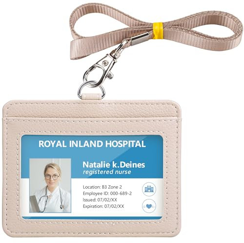 Teskyer Porte Badge, Porte Badge tour de Cou, 2 Emplacements pour Cartes, 1 Fenêtre Transparente, Porte Carte cou, Horizontal, Cuir PU, Beige