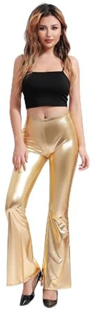 Damen-Leggings mit hoher Taille, glänzend, metallisch, 80er-Jahre, lange Leggins für Tanz, Tanz, Sport und Karneval, gold, L