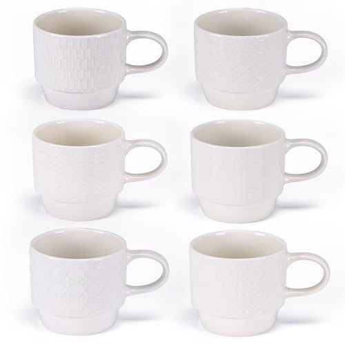 EYMPEU Set de 6 Tazas de Porcelana Blanca Nueva de 300 ml, Diseño Texturizado Elegante y Diferente, Tazas de Café o Té con Asa Cómoda, Apta para Hogar, Oficina o Regalo