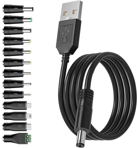 USB auf DC Stecker Kabel, 13 in 1 Universal USB A auf Hohlstecker Ladekabel Netzkabel Stromkabel Adapterkabel mit 13 Stecker für Philips Hue Hub, Kameras, LED Streifen, Router, TV Box (1,5M Schwarz)