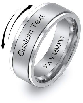 MeMeDIY Personalisierte Edelstahl Ringe Ehering mit Eingraviertem Namen Datum und Text Paarringe/Drehbare Ringe für Herren/Verlobungsringe für Verlobte/Freund-Style E-12#