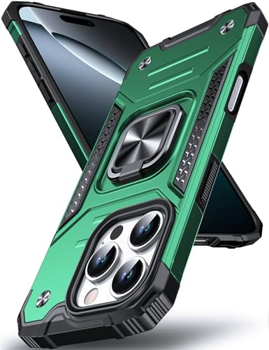 DASFOND Designed for iPhone 16 Pro Case, Military Grade Shockproof Protective Phone Case Cover with Enhanced Metal Ring Kickstand [Support Magnet Mount] for iPhone 16 Pro 6.3 inch, Dark Green
