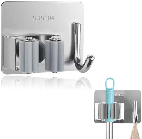 4 Pezzi Portascope da Muro Adesivo Appendibile, Porta Scope Parete in Acciaio Inossidabile Senza Perforazione per Garage, Cucina, Giardino e Ufficio, Con gancio(Argento)
