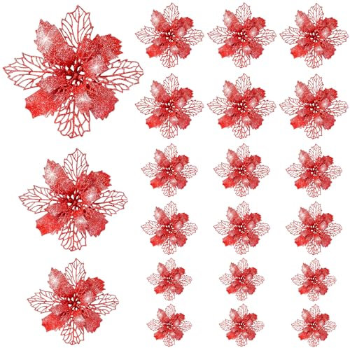 KASURE 21 Piezas Flores Artificiales Navidad,Flores de Navidad para Adornar el Árbol Flores Arbol Navidad Adornos para Árbol de Navidad Adecuado para Decoración de Restaurantes Fiestas de Bodas Rojo