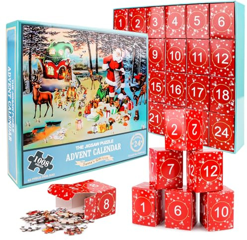 Adventskalender 2024 Weihnachtspuzzle, Weihnachtsmann bereitet Geschenke vor, 24 Schachteln mit 1008 Teilen für den Countdown zu Weihnachten, Erwachsene und Kinder, Heimdekoration (Blau)