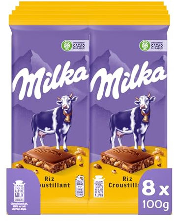 MILKA - 8 Tablettes de Chocolat au Lait Milka et Riz Croustillant 100g - Chocolat au Tendre Lait du Pays Alpin - Lot de Tablettes de Chocolat au Lait et Riz Croustillant - Lot de 8x100g