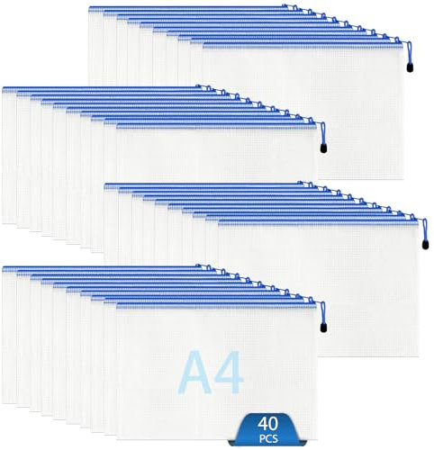 Oungy 40 Stück Wasserdichte Dokumententasche A4, Dokumentenhülle A4 Blau, Kunststoff Beutel mit Reißverschluss, Dokumentenmappe für Papier, Dokumenten, Prüfungsblatt, Kosmetika und Reiseutensilien