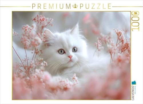 CALVENDO Puzzle Weisse Katze in rosa Blumen | 1000 Teile Lege-Größe 64 x 48 cm Foto-Puzzle für glückliche Stunden