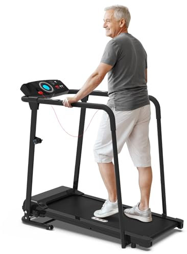 Redliro Treadmill for Seniors with Long Handrails - 300 lbs Capacity Walking Treadmill for Elderly with Cup Holder - Recovery Machine for Home Use with Clear, Non-Scrolling Display (Black)