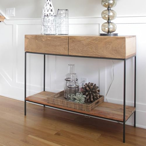 ZARUX Table Console en Massif, Table d’entrée en Bois, Bout de Canapé Polyvalente, Couloir Industrielle Table de Salon de Style Moderne avec Grand Tiroir