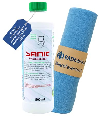 BADfabrik24 Sanit Urinsteinlöser 12 x 500 ml mit Mikrofasertuch 40 x 40 cm gegen Urinstein, Kalk und Rost für WC, Urinal, Bidet und Waschbecken