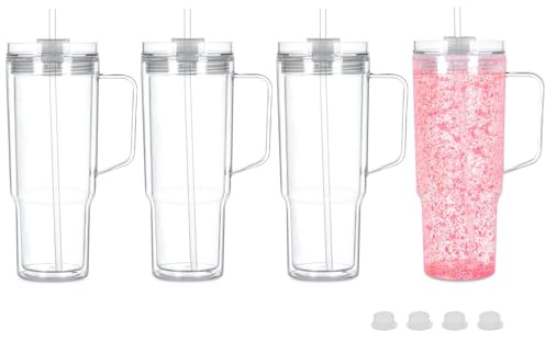 Maucircol Lot de 4 gobelets à neige en acrylique transparent à double paroi pré-percés pour boule à neige pailletée 1200 ml
