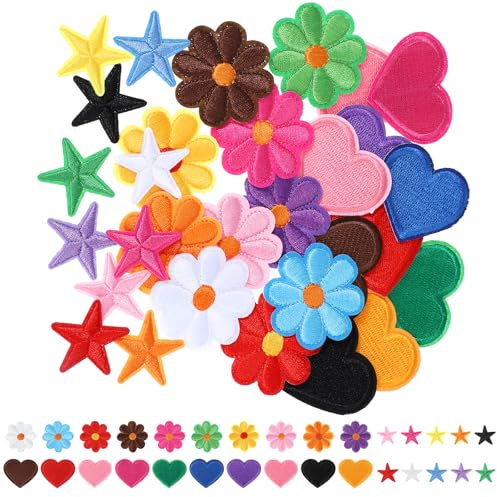 30 PCS Colorful Flower Iron on Patches, Heart and Star Applique Patches for Clothing, DIY Embroidered Patches, Sew on Embroidered Applique Sewing Patches for Jackets, Jeans, Backpacks
