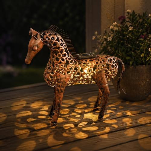 Garden Mile Solarbetriebenes Pferd Outdoor Gartenornamente - Filigrane Bronze-Effekt Metall-Silhouette mit farbwechselnder LED-Beleuchtung - Wetterbeständige Gartenskulptur für Wege, Blumenbeete
