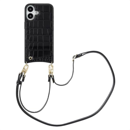 SELENCIA Nova Croco Backcover met Koord en pashouder - Geeignet für iPhone 16 - Schwarz