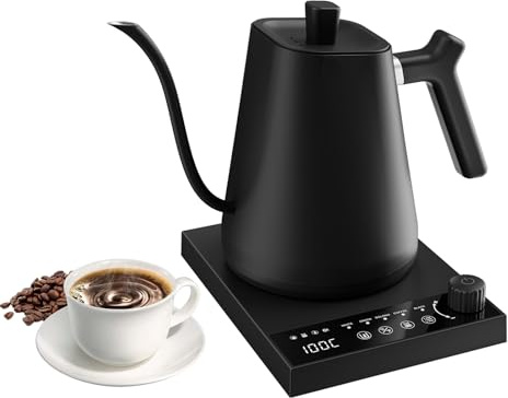 OKYUK Electric Kettle with ±1℉ Temperature Control, Gooseneck Spout, Stainless Steel Tea Pot for Tea, Coffee & Aeropress, 2-Hour Temp Hold, Built-in Stopwatch, 1000W Quick Heating (Gooseneck black)