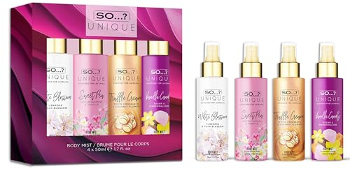So...? Unique Body Mist for Women, Fragrance Gift Set (4 x 50ml) – White Blossom, Sweet Pea, Truffle Cream & Vanilla Candy – Vegan & Cruelty-Free