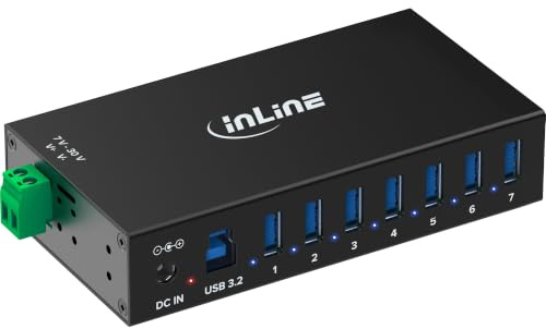 Inline Hub Industrial USB 3.2 Gen.1 con 7 Puertos, Carcasa de Aluminio, Montaje en Carril DIN, concentrador USB Activo con Fuente de alimentación, 5 GB/s, 35396B