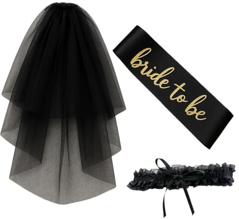 Bride to Be Set,für Jga Accessoires Frauen, Schwarzer Doppel-Lagen Schleier, Schärpe & Spitzen Strumpfband, Deko-Set für Junggesellinnenabschied