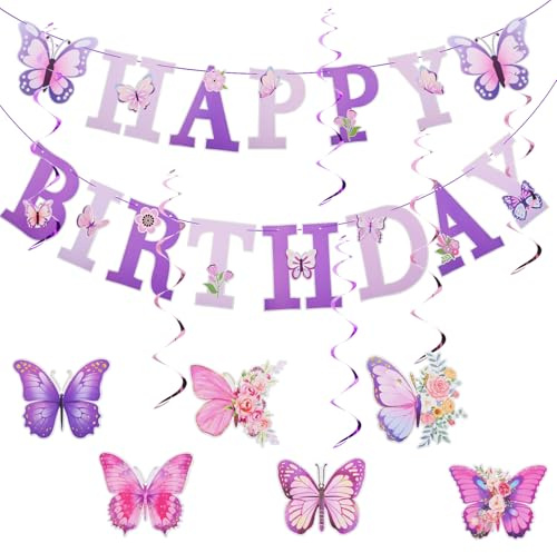 Schmetterling Girlande Happy Birthday Fotobanner Hängende Deko, Lila Happy Birthday Banner Girlande Geburtstag Wirbel Schmetterlinge Fotobanner Geburtstagsdeko Foto Hintergrund Hängedeko