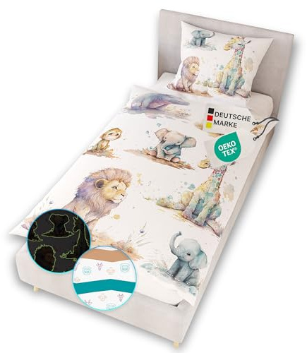 NYVI Renforce Kinderbettwäsche Glow in The Dark aus 100% Baumwolle - Vorderseite Leuchtend, mit Wendemuster, Reißverschluss, Oeko-TEX 100-135x200 cm Tierkinder