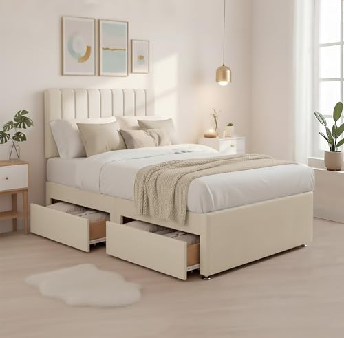 BED TIME UK Luxe Plush Cream 4FT Small Double Bed Set with Spring Memory Foam Mattress – Strong Bed Frame, 20 Vertical Liner Headboard & 2 Drawer Storage Bed