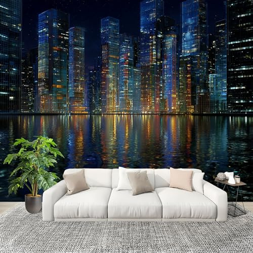 Non-Woven 3D Panoramic Wall Mural Photo Wallpaper Modern City Night View Picture Design Decoration Poster for Living Room, Kids Bedroom Blue DIY Wall Mural Decor 450x315 cm