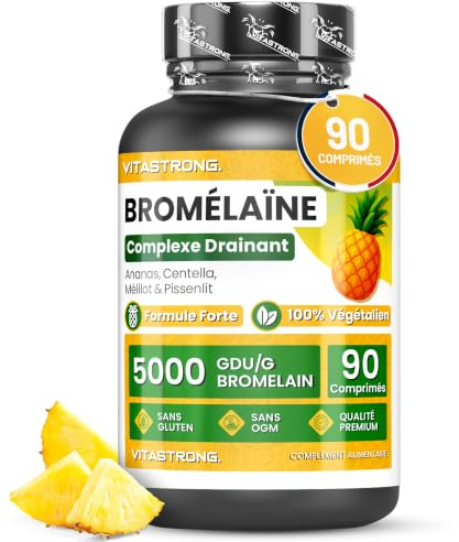Vitastrong Bromelina Extra Fuerte Vitastrong Vegana, 90 Comprimidos | Bromelain 5000 GDU/g, 2500 GDU/g, Alta Dosis, Enzimas Digestivas, Centella Asiática, Diente de León, Meliloto