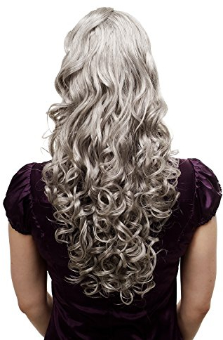 WIG ME UP - N310-51 Voluminös wallendes Haarteil/Zopf/Pferdeschwanz, lockig, sehr lang, ca. 60 cm, Grau