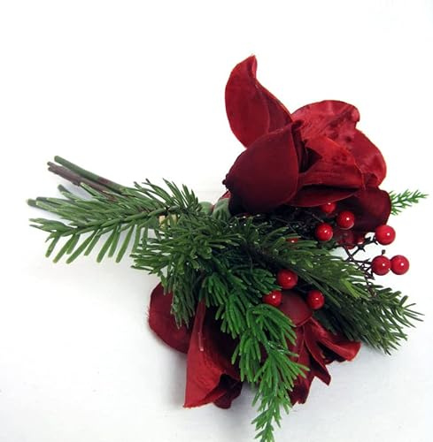 Generic Amaryllisstrauß mit Tannengrün künstlich 4 Blüten,Rot 27cm