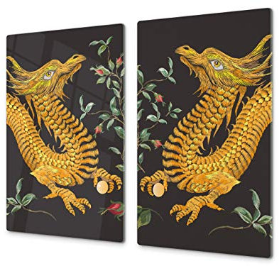 Couvre-cuisinière à induction – Planche de cuisine en verre trempé – Couvre-plaques de cuisson – UNE PIÈCE (60x52 cm) ou DEUX PIÈCES (30x52 cm chacune); D13 Série D'art: Dragons jaunes
