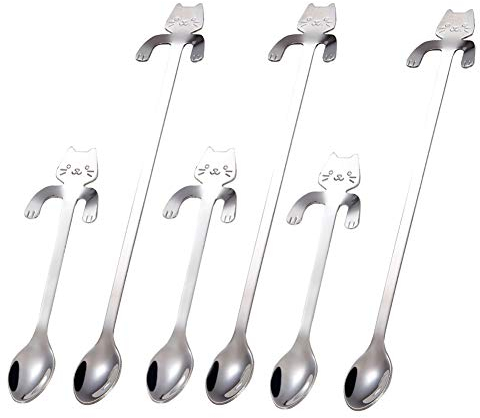 ESRISE Cucchiaino da Caffè Gatto in Acciaio Inossidabile Sospeso Carino Gattini Cucchiaini Mescolatore per tè, zuppa, zucchero, dolce, antipasto, condimento (d'argento -S-L)