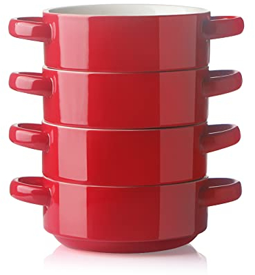 Sweejar Keramik-Suppenschalen mit Doppelgriffen, 590 ml, gestapelte Schalen für französische Zwiebelsuppe, Müsli, Topfkuchen, Eintopf, Chill, Nudeln, 4 Stück (rot)