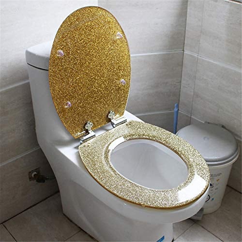 FTYYSWL WC-Abdeckung aus Kunstharz, Befestigung oben, WC-Sitz, U/V/O-Form, WC-Sitze, Schnellverschluss-Scharniere, sanftes Schließen, einfache Montage, goldener Glitzer