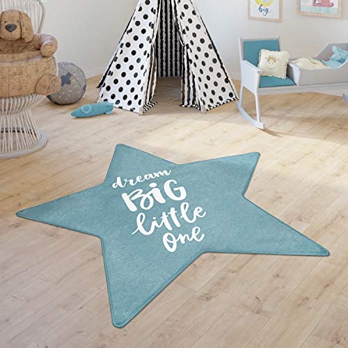 Paco Home Kinderteppich Teppich Kinderzimmer Spielmatte Babymatte rutschfest Modern Sterne Schriftzug, Grösse:150 cm Stern-Form, Farbe:Blau