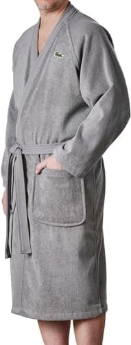 Lacoste Classic Pique Bath Robe, 100% Soft Cotton Terry, Unisex Bathrobe for Adult Women & Men, Luxury Robe for Spa, Super Absorbent & Quick Drying, One Size Fits Most, Meteorite Grey