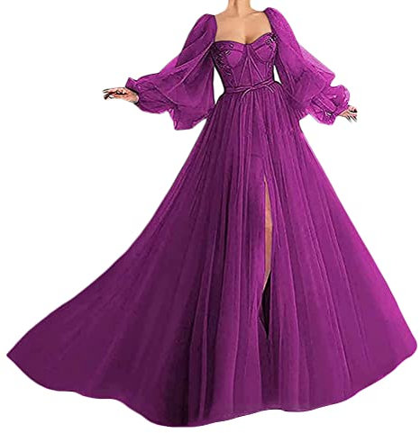 Tomwell Robe de Mariée Princesse Longue en Tulle et Dentelle Florale - Manches Longues, Col V, Cérémonie - Violet M