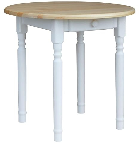 k koma Runder Esstisch aus Kiefernholz – Weiße Beine, Tischplatte in Kiefer Lackiert (70 cm)