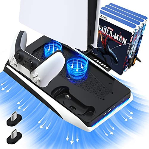 Black PS5 Stand with Cooling Fan and Dual Controller Charger Station, Charging Dock Holder PS5 Accessories Vertical Digital Stand Base for Playstation 5 Console