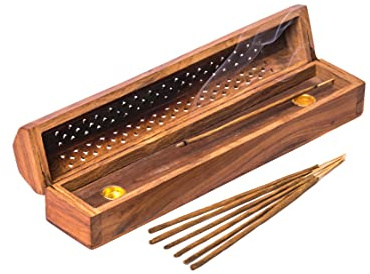 Räucherstäbchenhalter aus nachhaltigem Mangoholz – Räucherkasten mit Messingeinsatz für Stäbchen & Satya Räucherkegel – Sofortstart-Set mit Räucherstäbchen & Kegeln