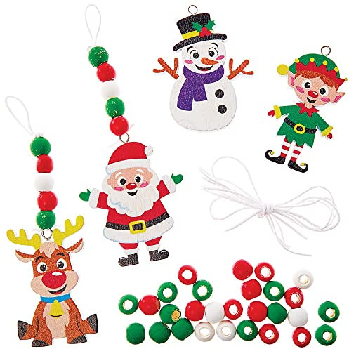 Baker Ross FX376 Christmas Wooden Bead Decoration Kits - Pack of 4, Wood Craft Decorations for Kids Christmas Party, Arts and Crafts for Kids, White
