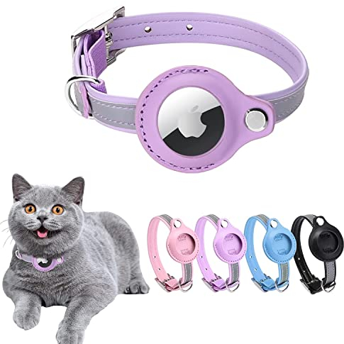 Airtag Katzenhalsband Aus Leder - Reflektierend, Verstellbar, GPS-Tracking, Anti-Verloren - Für Große/Mittelgroße/Kleine Katzen (XS, Lila)