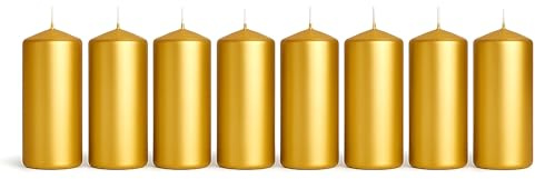 Pillar Candles Pack of 8 Unscented Gold Metallic - 10 x 5 cm / 4 x 2 in - Long Burning Up to 20 Hours - Elegant Dripless Wax Candles for Weddings, Christmas, Parties, Events, Home, Table Decoration