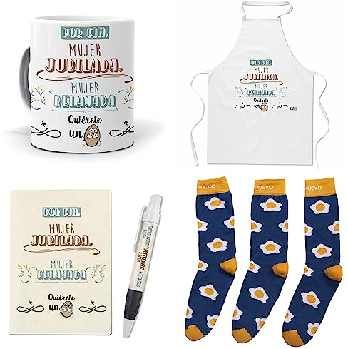 mundohuevo Que Regalar para jubilacion Mujer. Mujer jubilada, Mujer Relajada. Taza,Delantal, libreta, boli y Trio de Calcetines