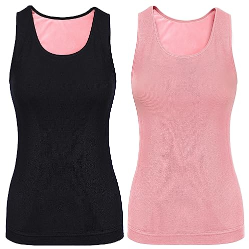 2 Stück Damen Innenfleece Tank Tops Ärmellos Thermounterwäsche Thermo Unterhemd Baumwolle Thermo Shirts (Schwarz, Rosa, M)
