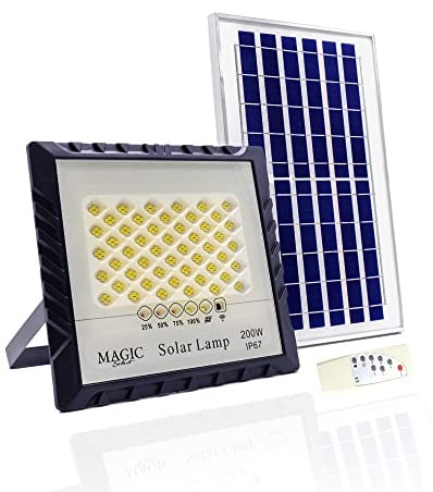 Foco Proyector 200W 200LED con Panel Solar Fotovoltaico, Mando a Distancia y Sensor de Encendido Automático. Foco Solar IP67 con Luz Blanca, Iluminación de Exteriores, Patio, Jardín, Camino, Garaje.
