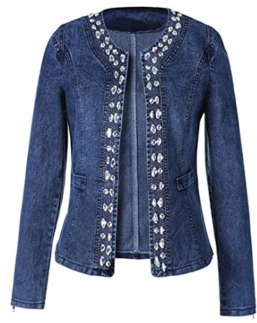 HEYDHSDC Damen-Jeansjacke mit Diamant-Nieten, dehnbar, rund, Kragen, Jeansmantel, Strass, Jeansjacke, blau, 46